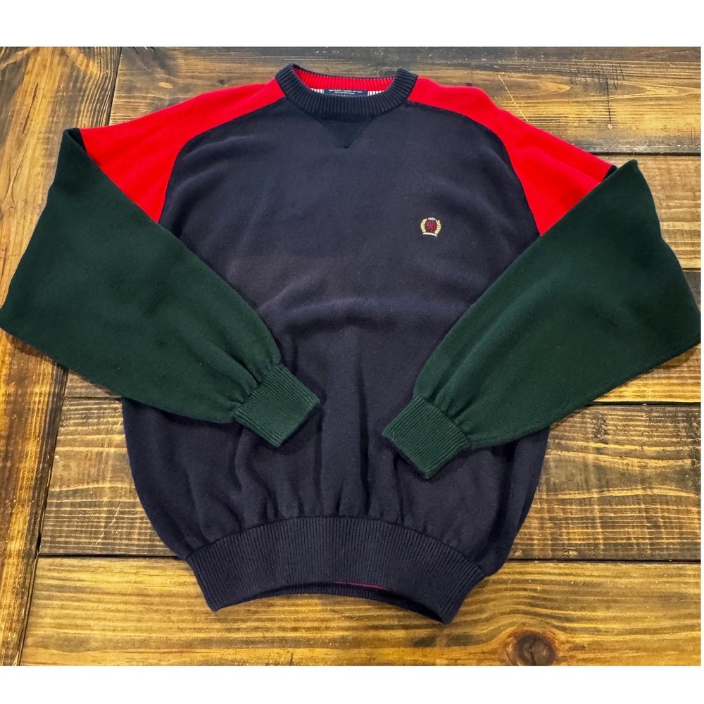 Tommy Hilfiger Sweater Navy Blue Colorblock Crest Logo Cotton Large